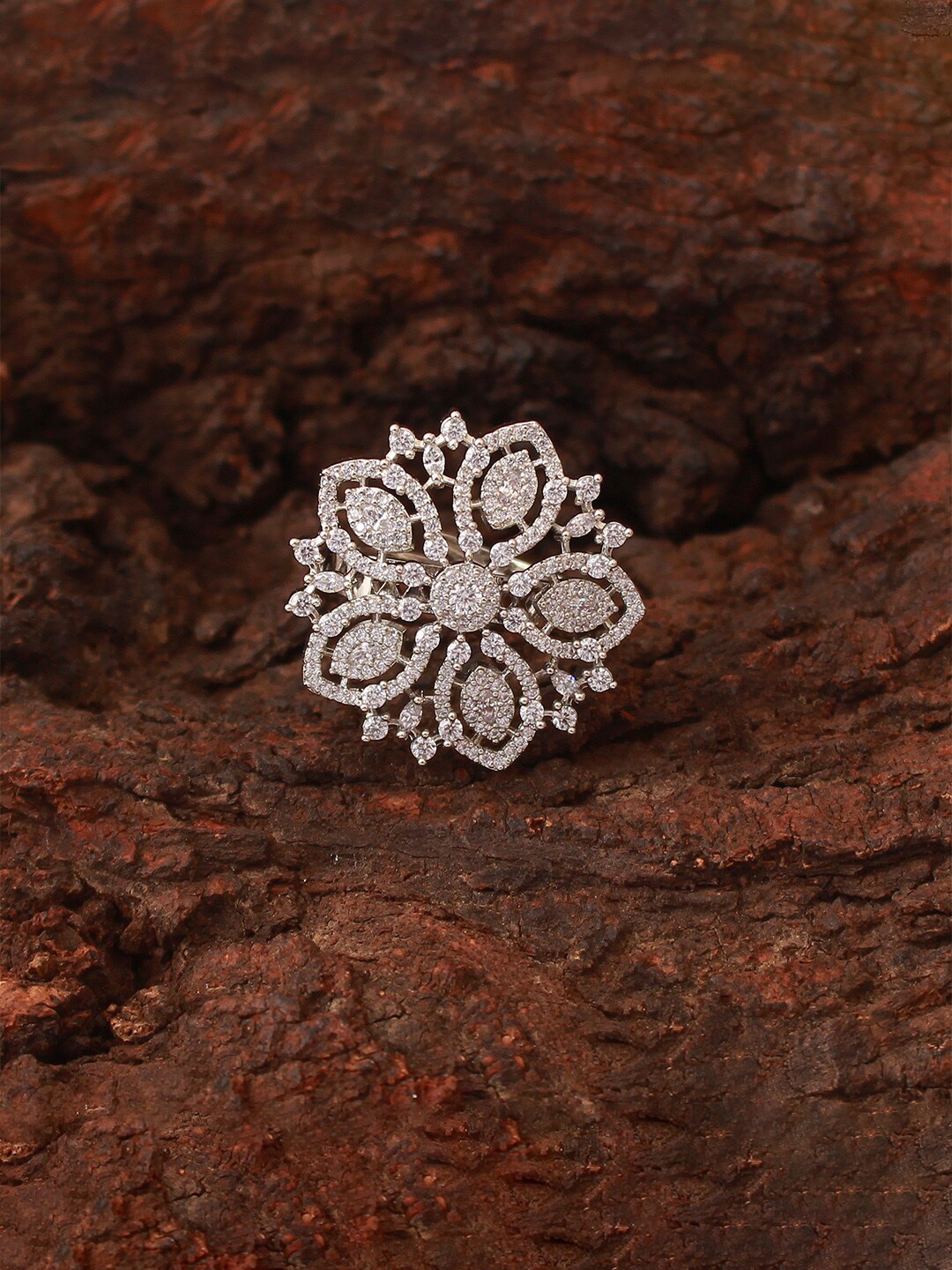 

Mirana Rhodium Plated Cubic Zirconia-Studded Adjustable Finger Ring, Silver