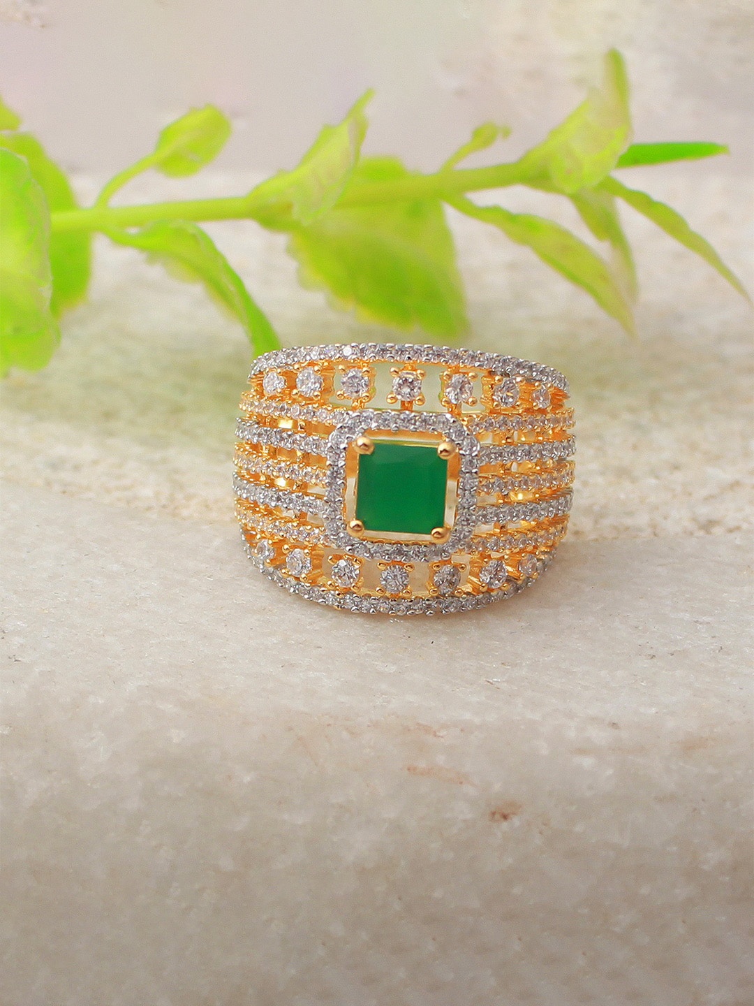 

Mirana Gold Plated Cubic Zirconia-Studded Adjustable Finger Ring