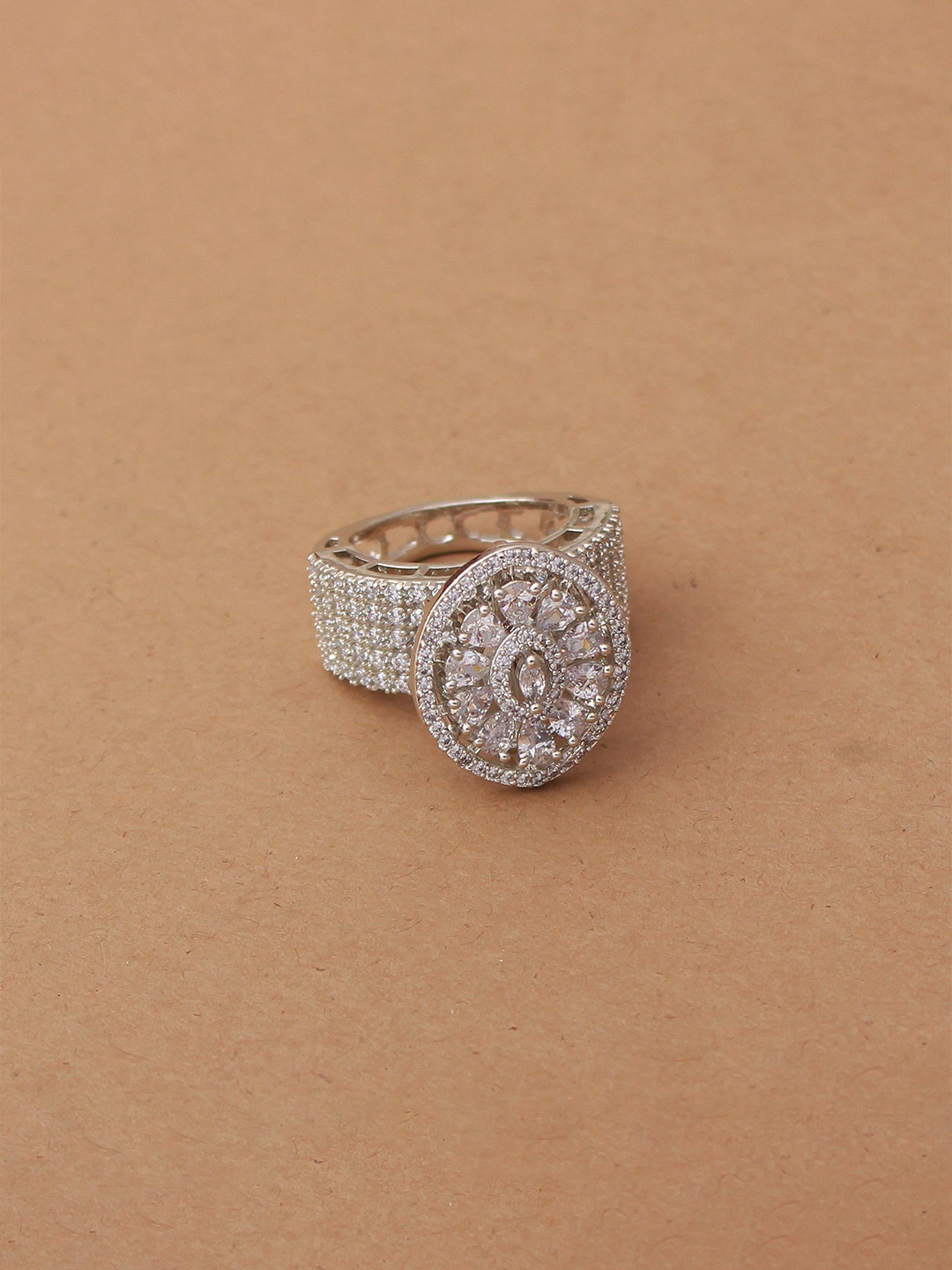 

Mirana Rhodium Plated Cubic Zirconia-Studded Adjustable Finger Ring, Silver