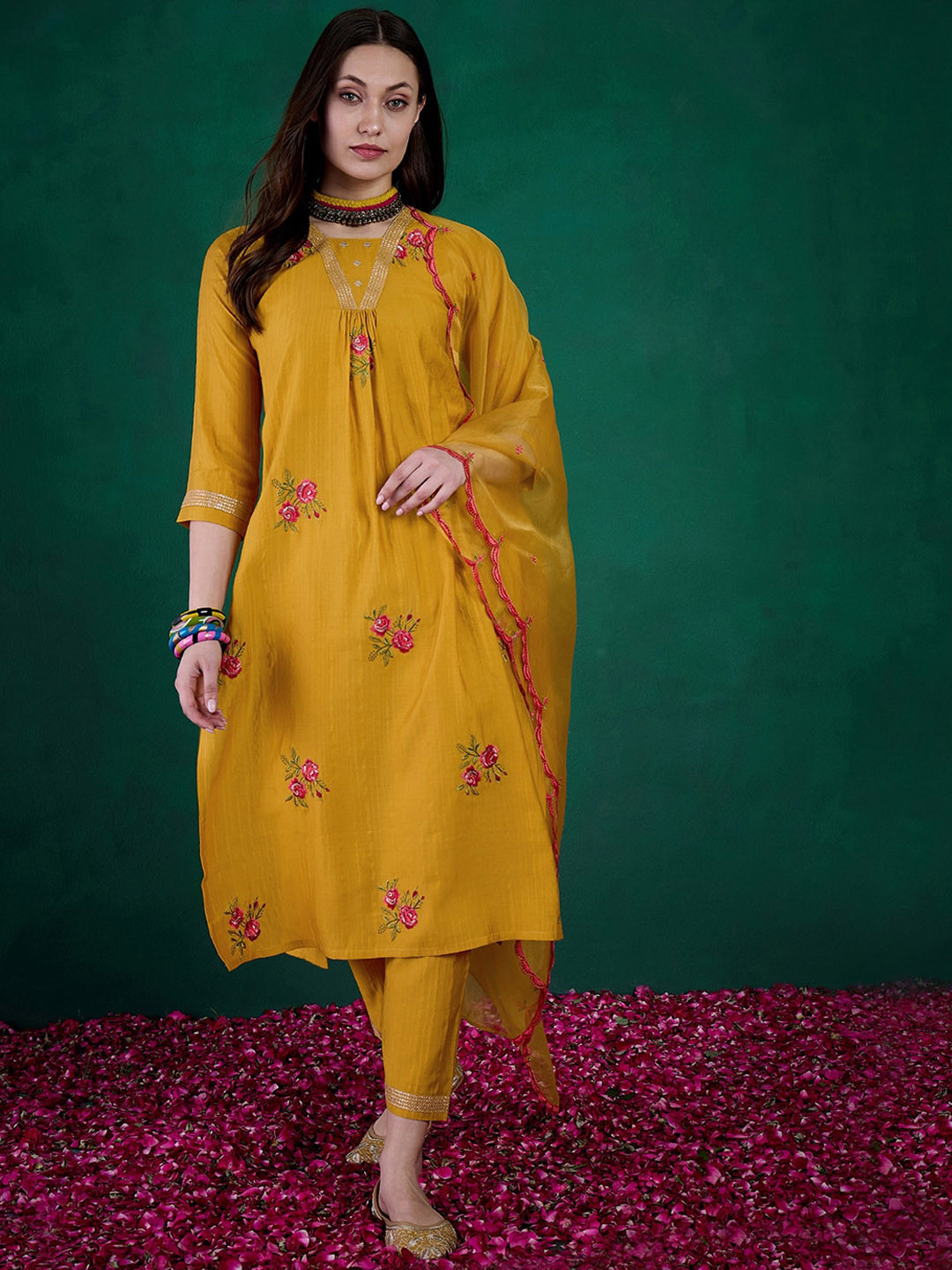 

Sangria Floral Embroidered V-Neck Straight Kurta With Trousers & Dupatta, Orange