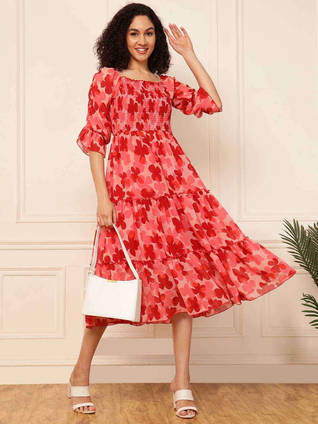 DEEBACO Floral Printed Flared Bell Sleeve Georgette A-Line Midi Dress, Red