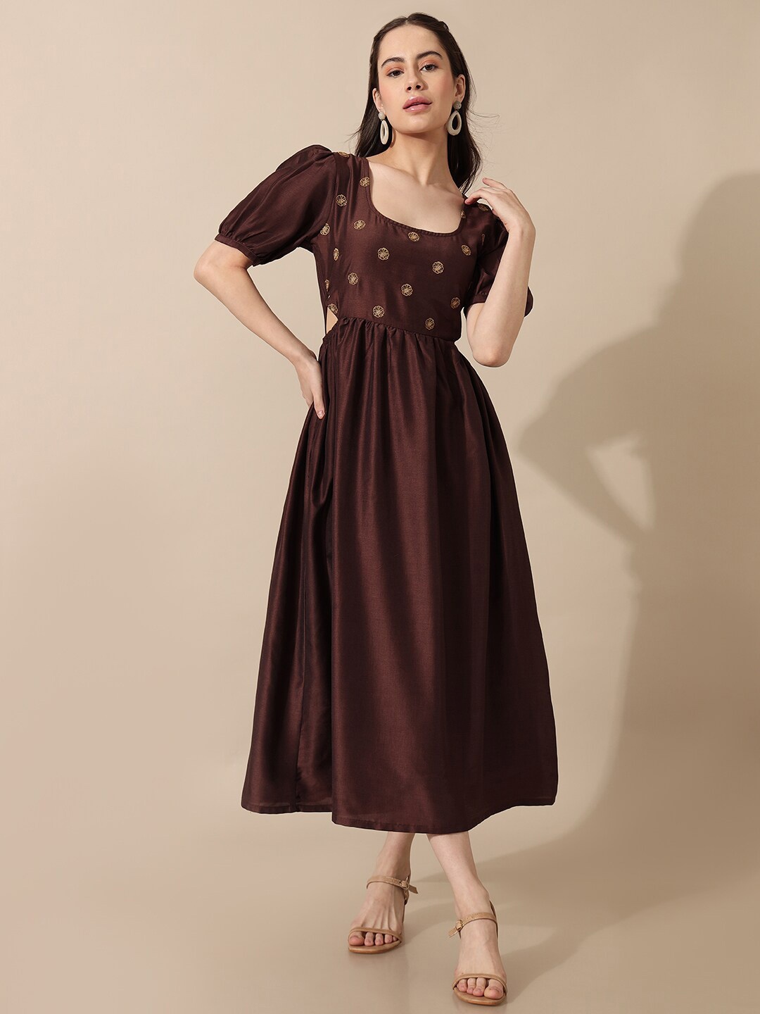 

Saaki U Neck Puff Sleeve Fit & Flare Midi Dress, Brown