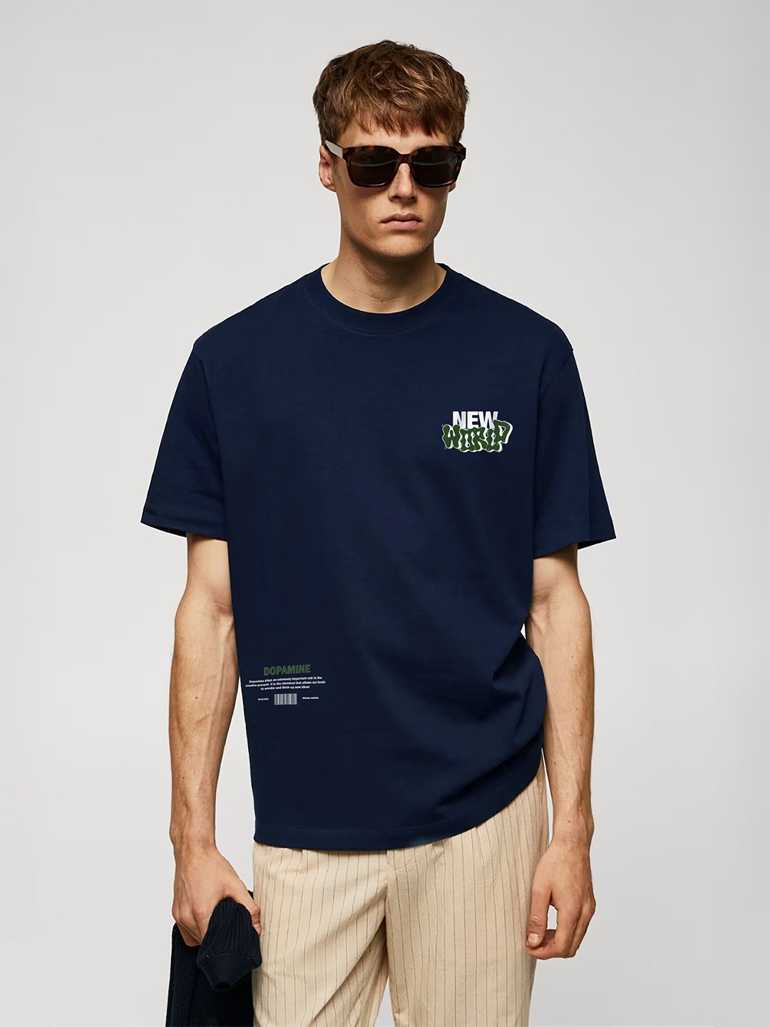 

MISCHIEF MONKEY Typography Printed Cotton Oversized T-shirt, Navy blue