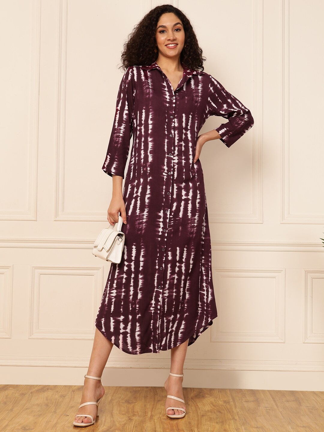 

DEEBACO Print Shirt Collar A-Line Midi Dress, Maroon