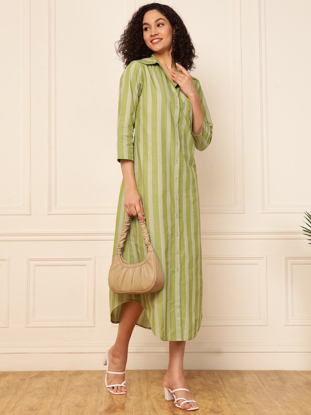 

DEEBACO Striped Linen Shirt Midi Dress, Green