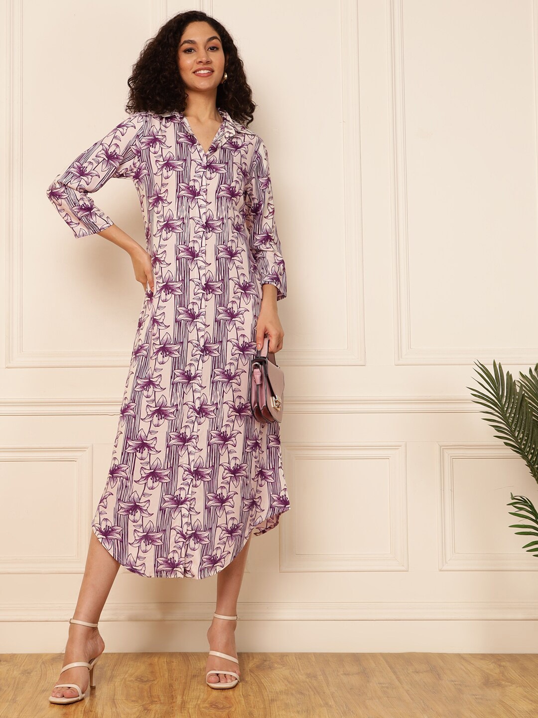 

DEEBACO Floral Print Shirt Collar A-Line Midi Dress, Purple