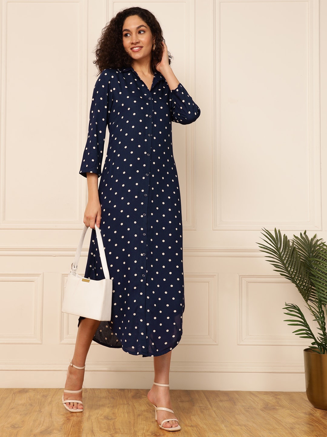

DEEBACO Polka Dot Printed Shirt Midi Dress, Blue