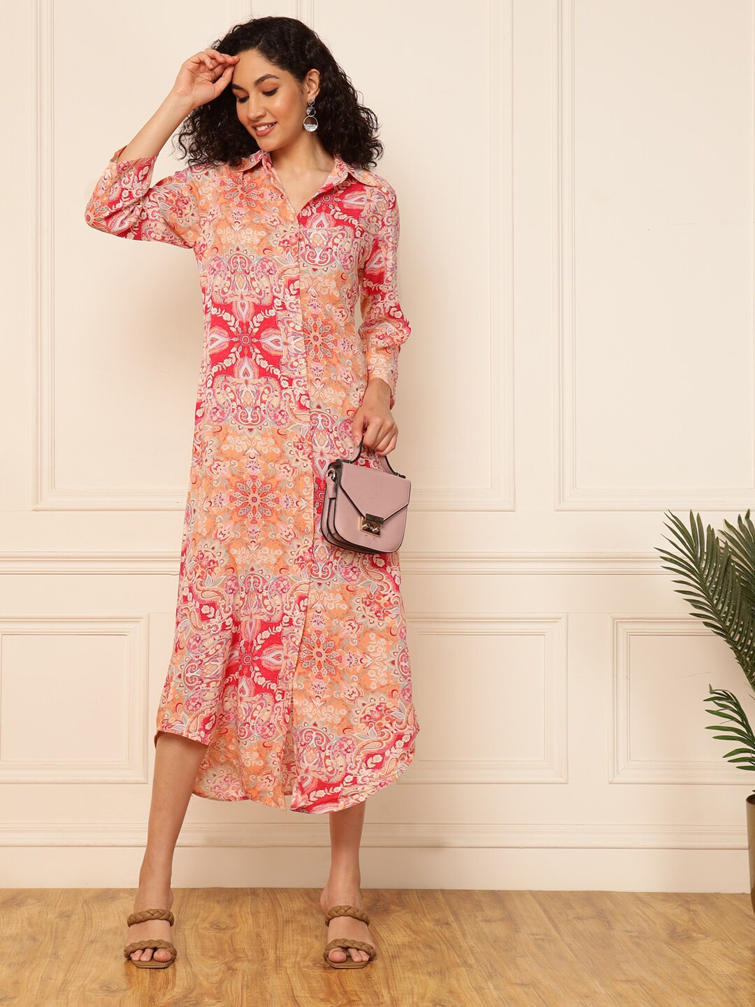 

DEEBACO Floral Print Shirt Collar Cuffed Sleeves A-Line Midi Dress, Beige