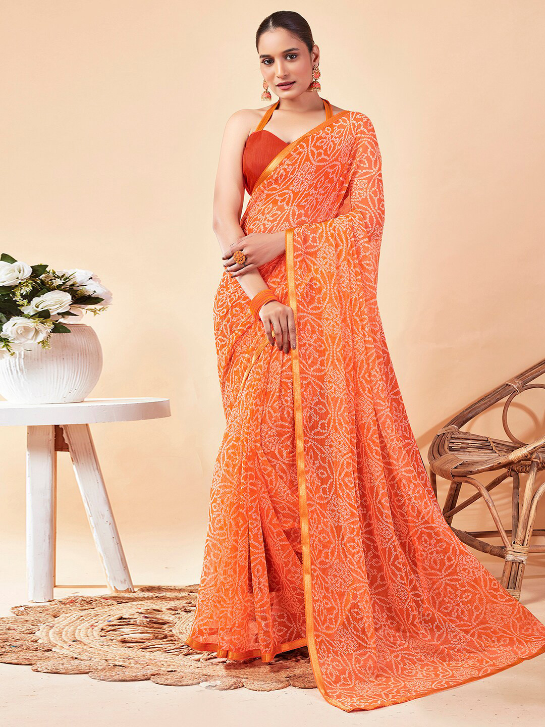 

KALINI Bandhani Zari Pure Chiffon Bandhani Saree, Orange