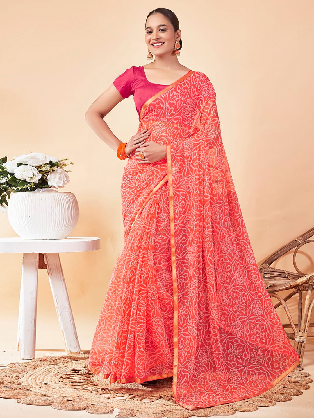 

KALINI Bandhani Zari Pure Chiffon Bandhani Saree, Peach