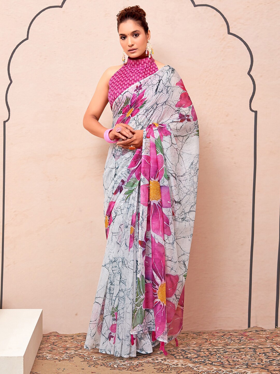 

KALINI Floral Silk Cotton Saree, White