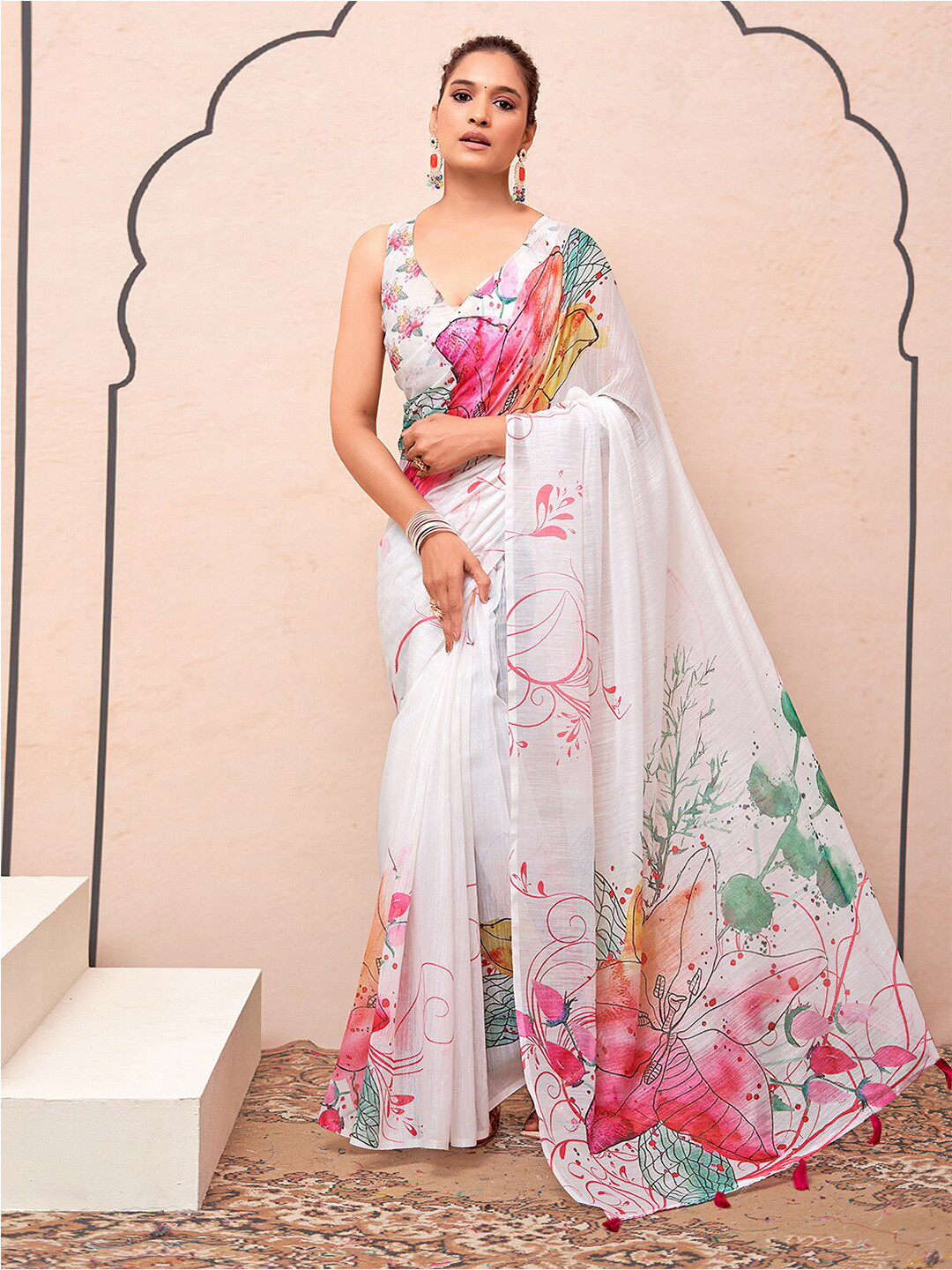 

KALINI Floral Silk Cotton Saree, White