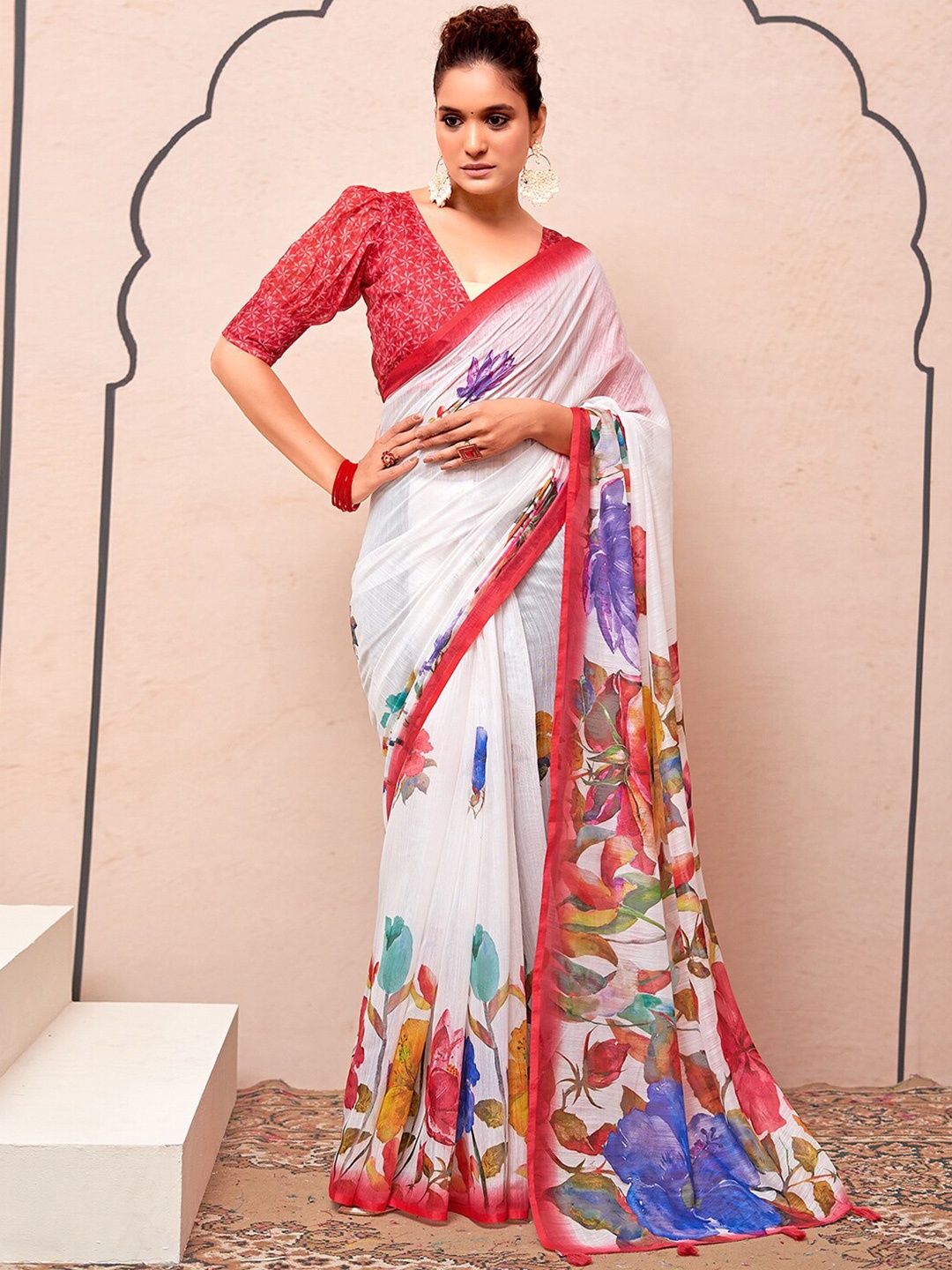 

KALINI Women Floral Silk Cotton Saree, White