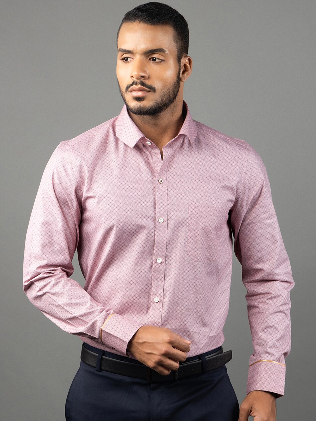 

LOUIS STITCH Comfort Printed Spread Collar Long Sleeves Cotton Formal Shirt, Pink