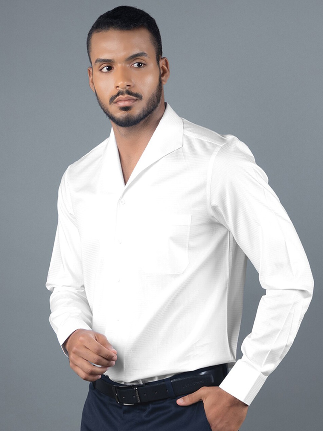 

LOUIS STITCH Comfort Textured Sailor Collar Long Sleeves formal Cotton Shirt, White