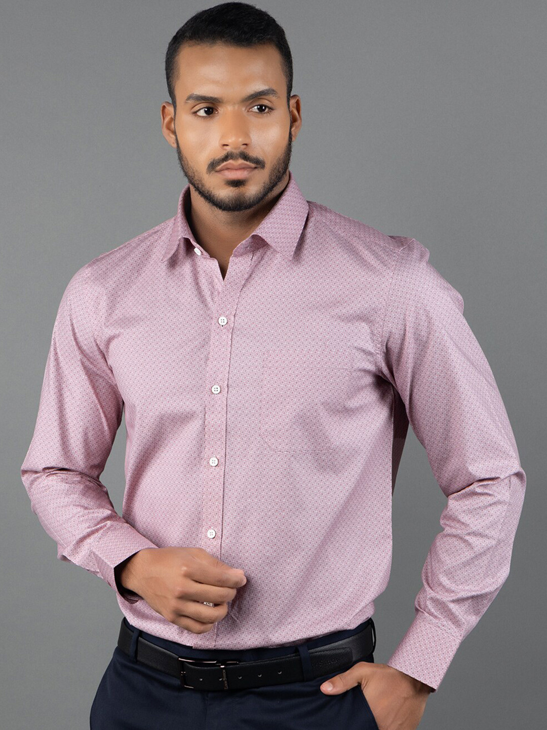 

LOUIS STITCH Comfort Printed Spread Collar Long Sleeves Cotton Formal Shirt, Pink