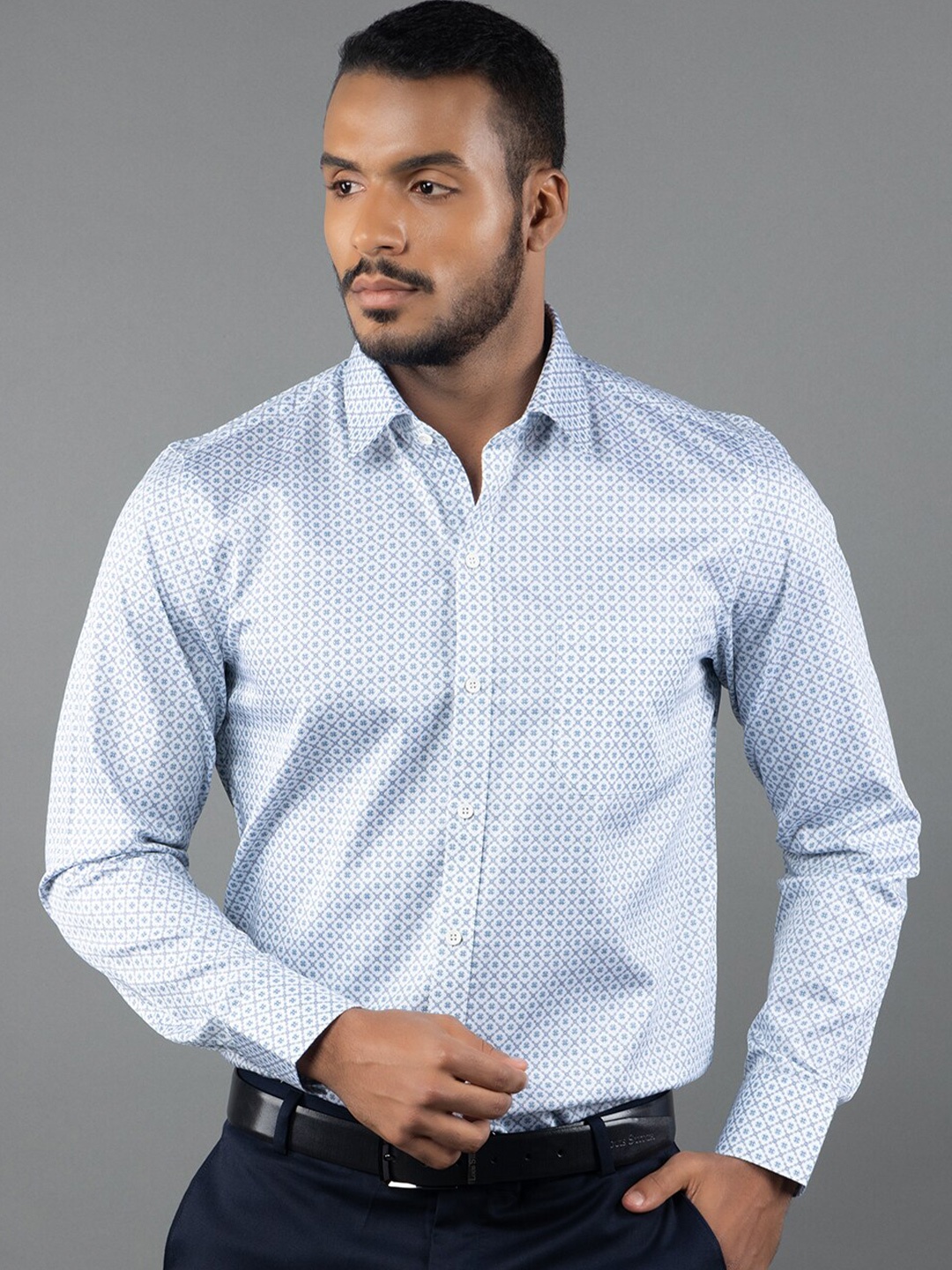 

LOUIS STITCH Comfort Printed Spread Collar Long Sleeves Cotton Formal Shirt, Blue