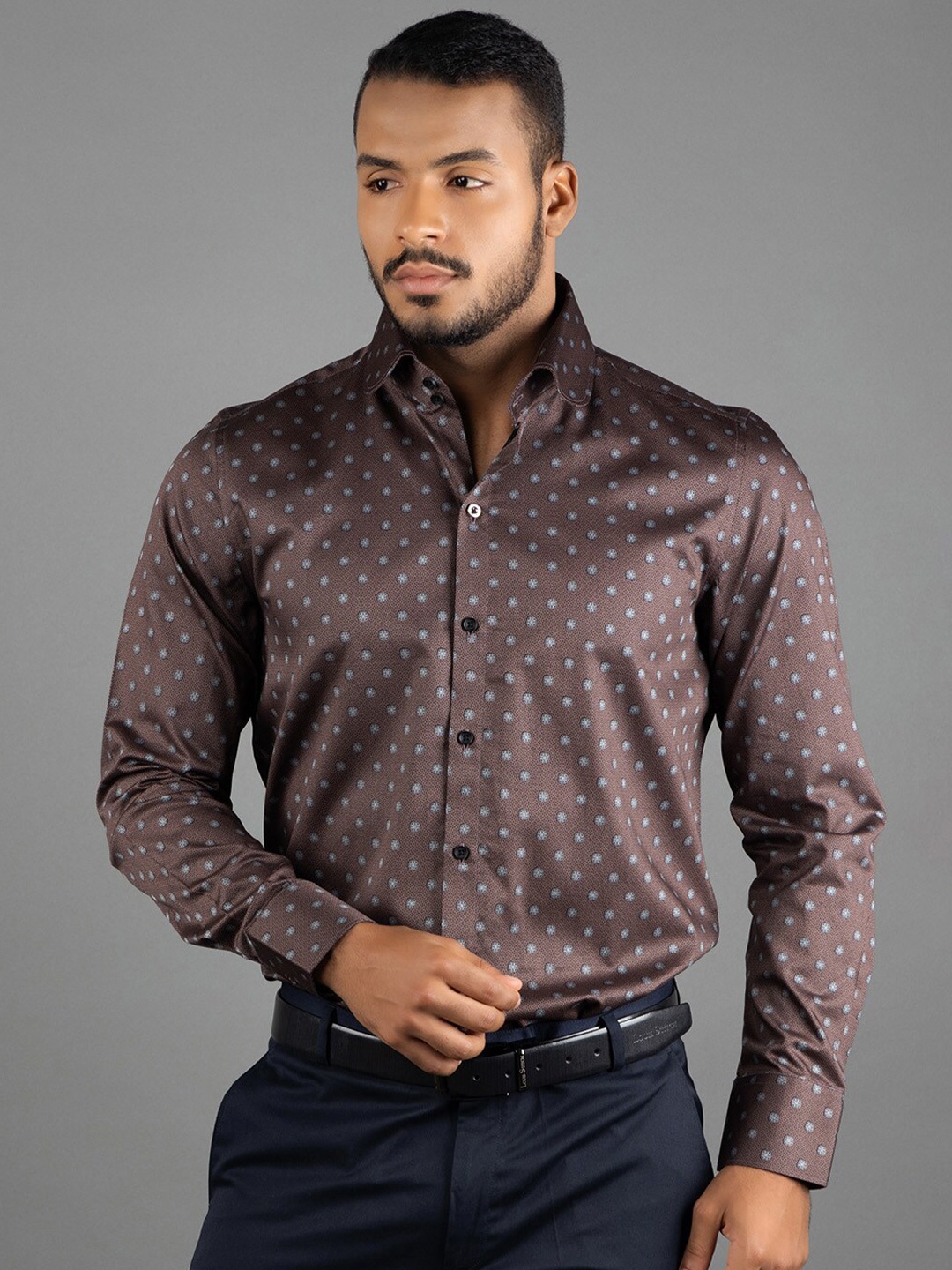 LOUIS STITCH Comfort Floral Printed Pure Cotton Formal Shirt, Brown