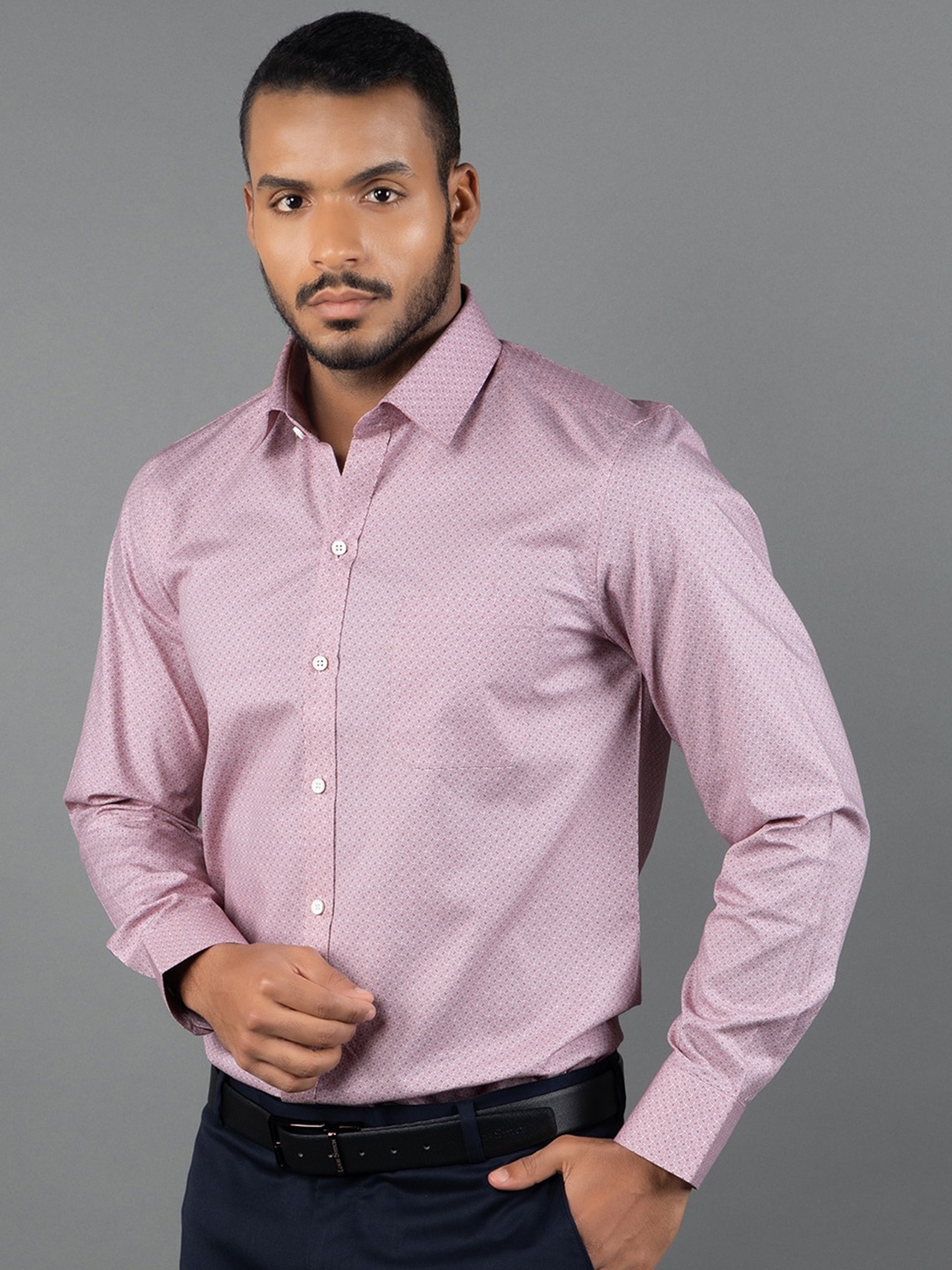 

LOUIS STITCH Comfort Printed Spread Collar Long Sleeves Cotton Formal Shirt, Pink