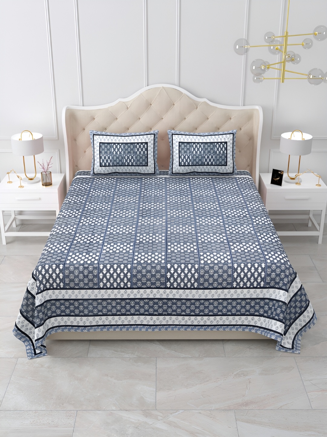 

DOLLIFI Blue Floral Printed Cotton 260 TC King Bedsheet with 2 Pillow Covers