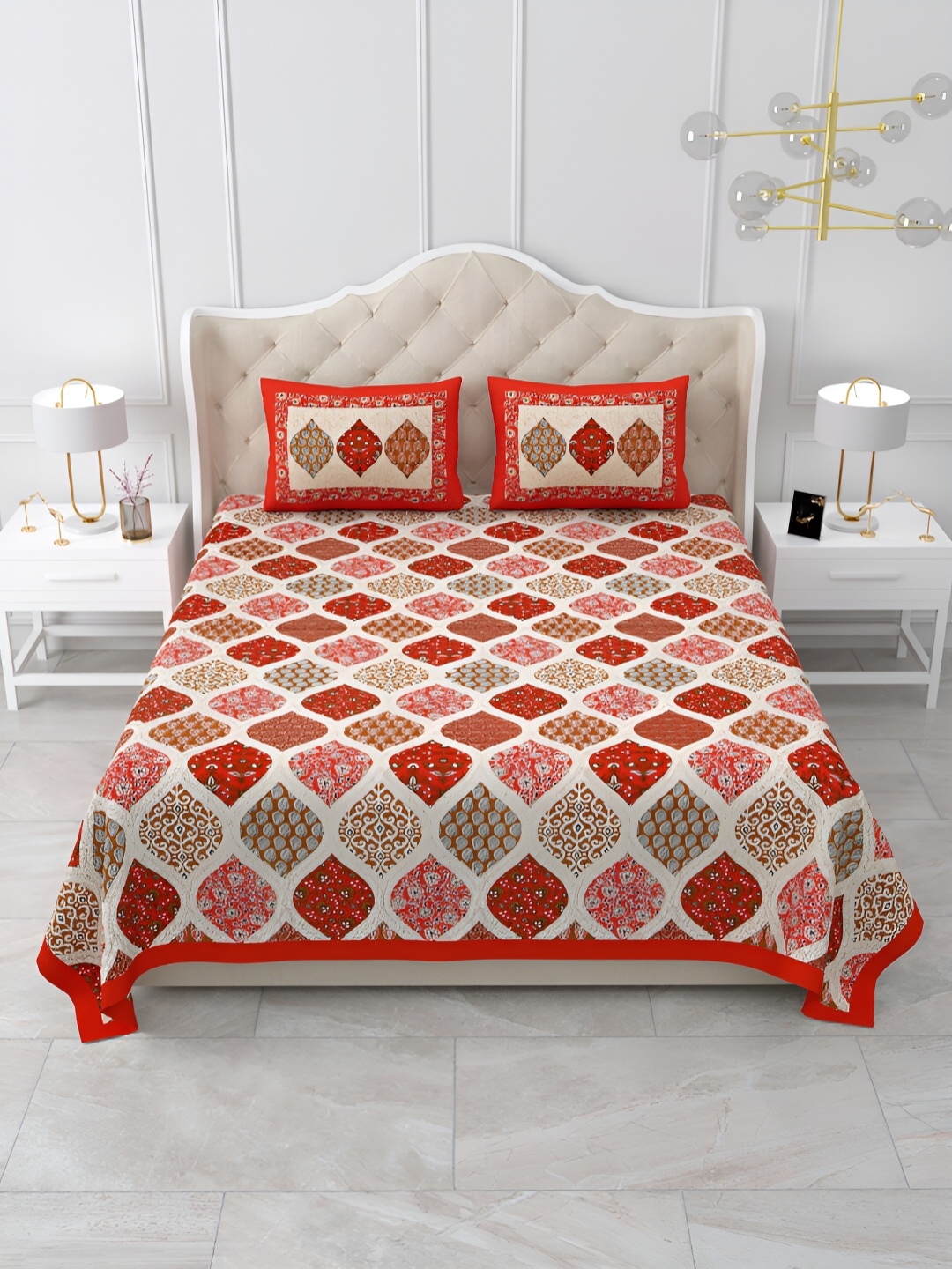 

DOLLIFI Red & Beige Floral Cotton 260 TC King Bedsheet With 2 Pillow Covers