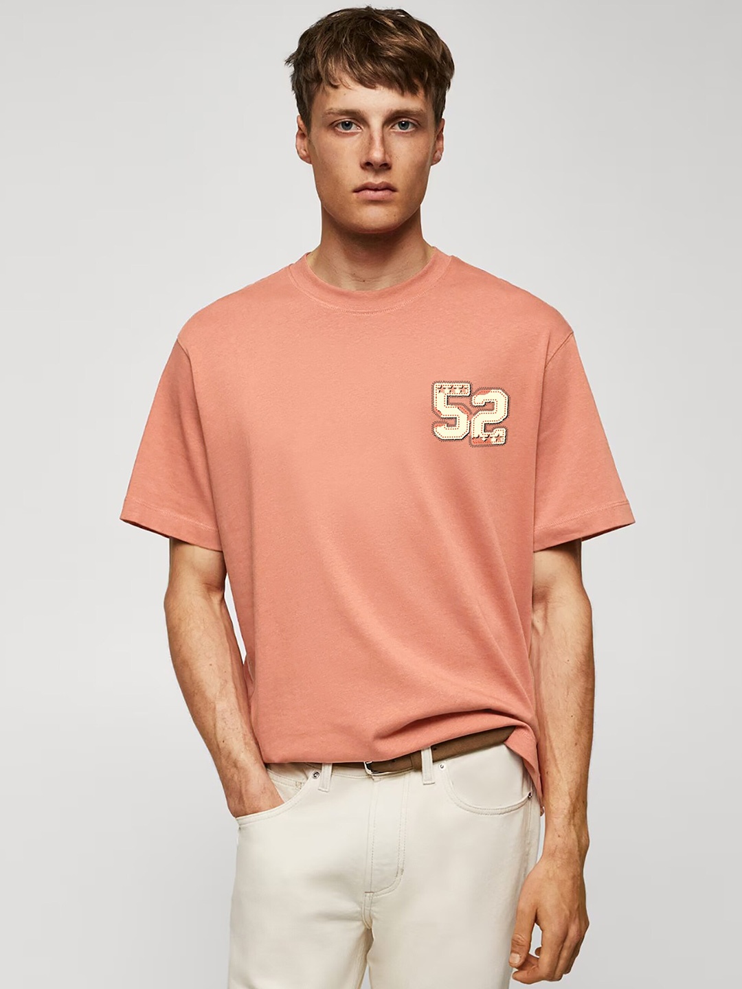 MISCHIEF MONKEY Typography Printed Cotton T-shirt, Peach