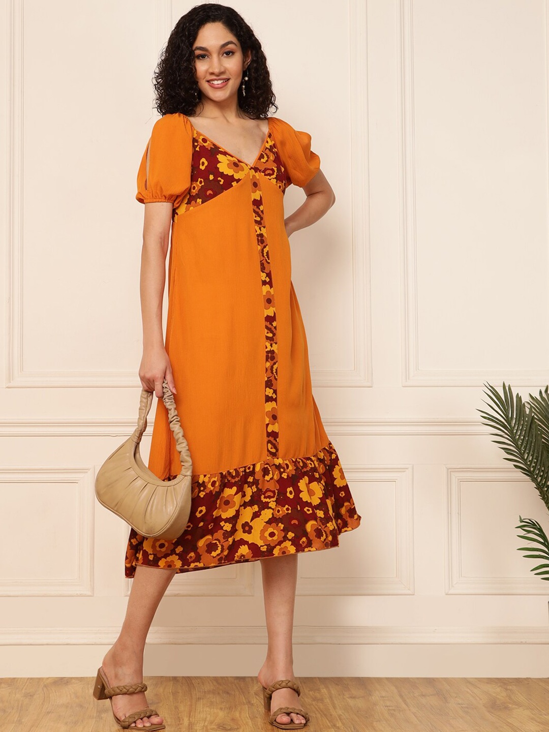 

DEEBACO Floral Printed V-Neck A-Line Dress, Mustard