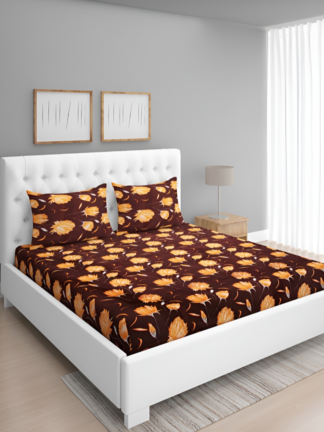 

Aura Brown & Yellow Floral Microfiber 160 TC Queen Bedsheet with 2 Pillow Covers