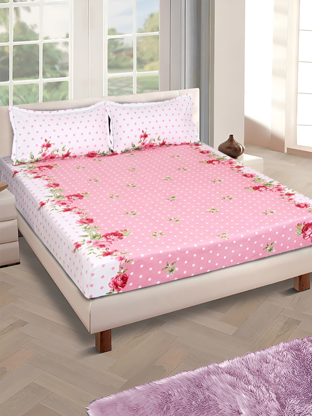 

Aura Pink Floral Microfiber 160 TC Queen Bedsheet with 2 Pillow Covers