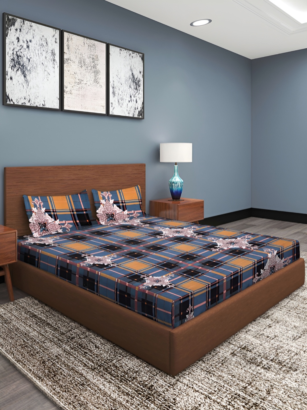 

Aura Blue & Orange Geometric 186 TC Cotton Queen Double Bedsheet With 2 Pillow Covers