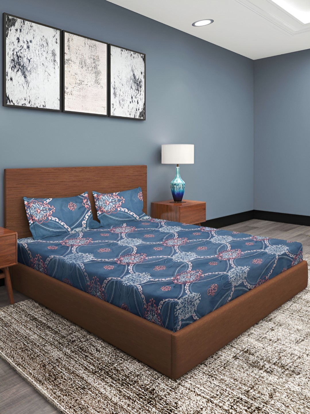 

Aura Blue & Pink Ethnic Motifs 186 TC Cotton Queen Bedsheet with 2 Pillow Covers
