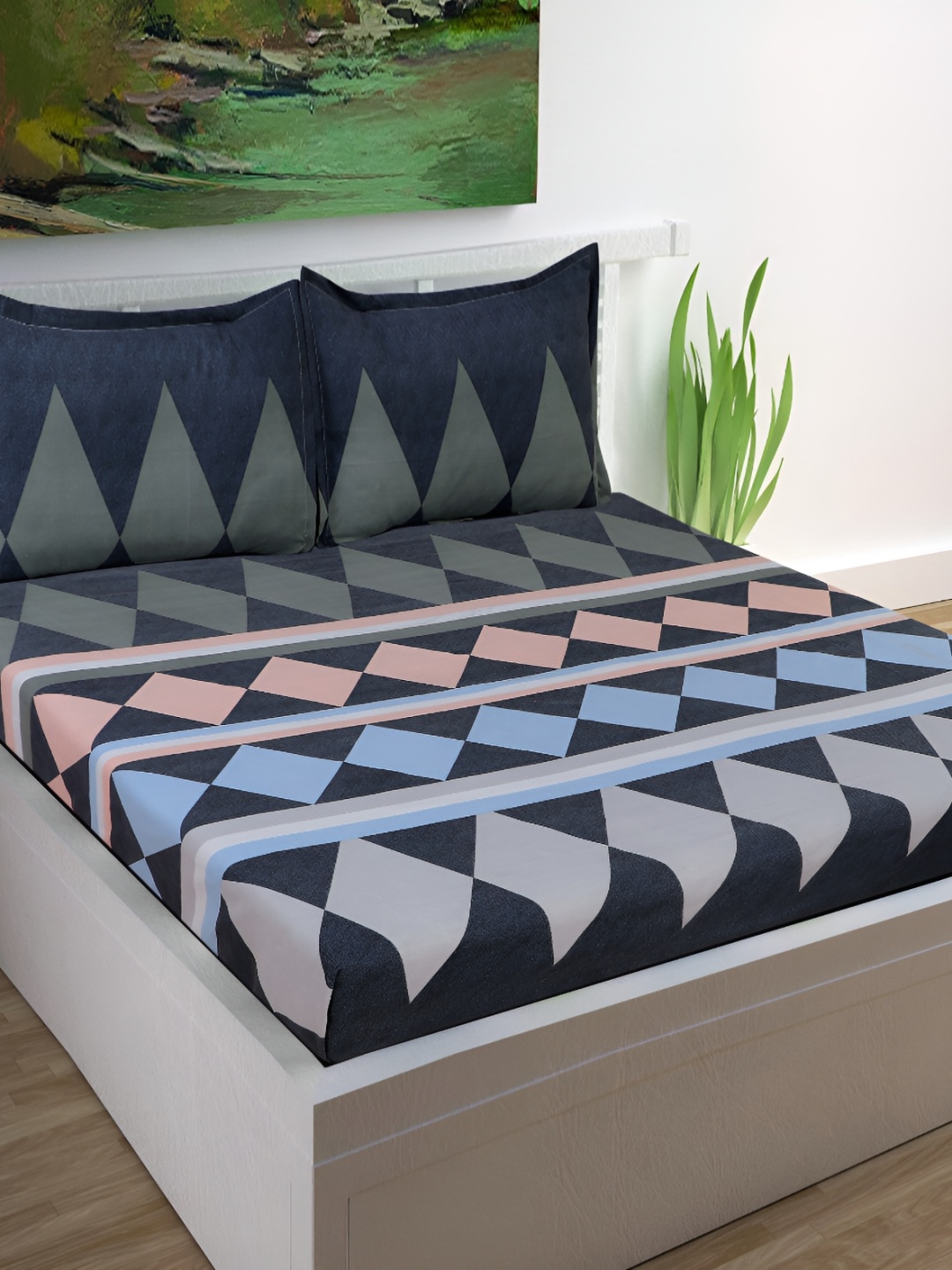 

RISING STAR Grey Geometric Cotton King Bedsheet with 2 Pillow Covers