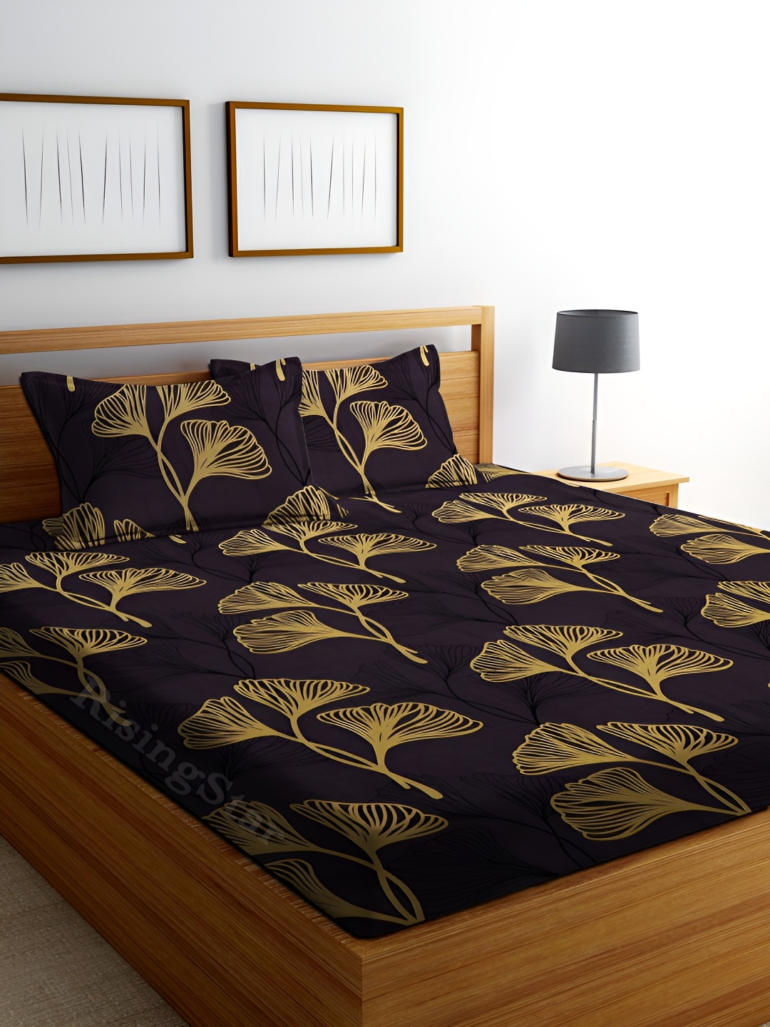 RISING STAR Black & Yellow Cotton King Bedsheet with 2 Pillow Covers