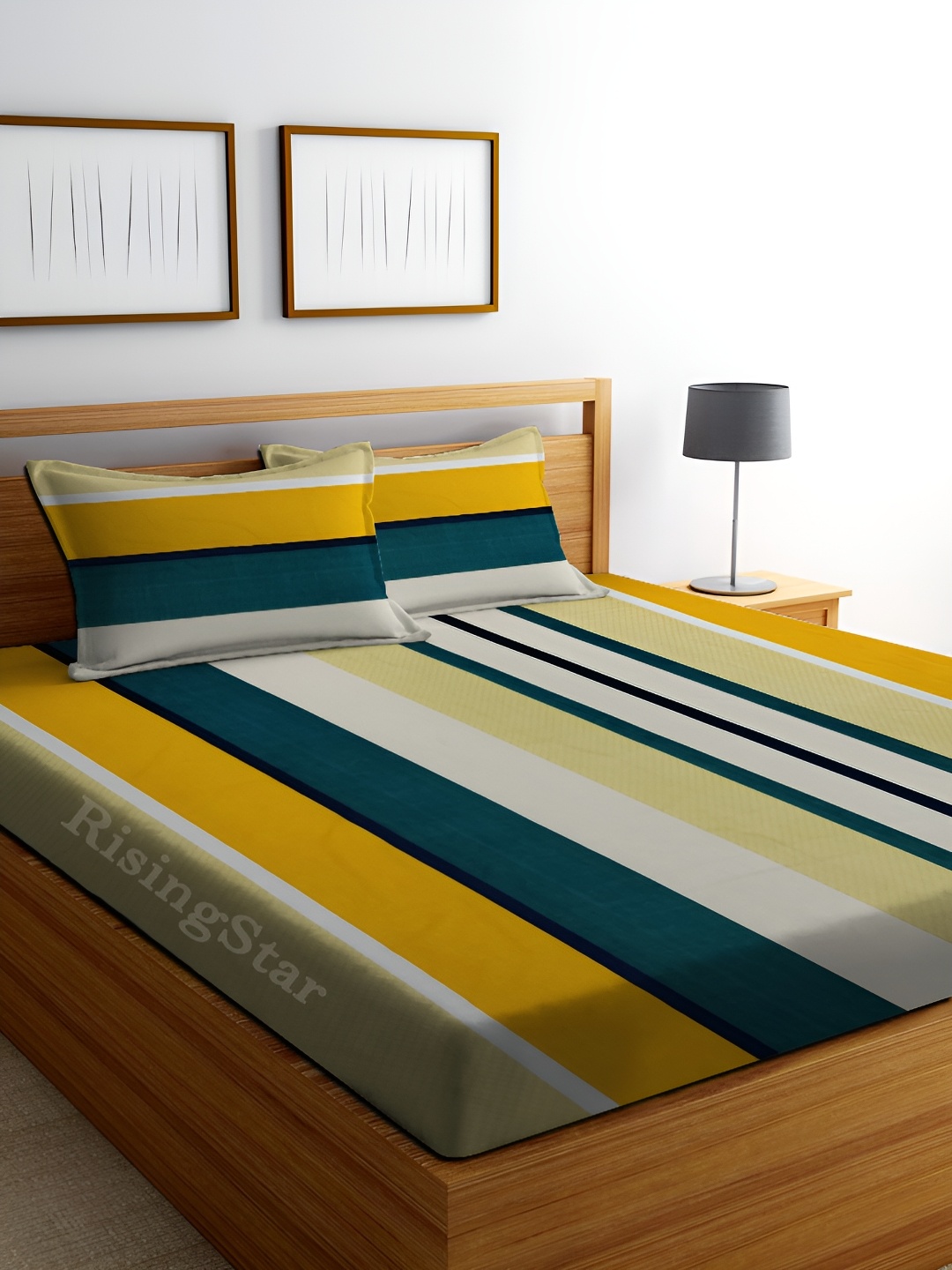 

RISING STAR Yellow & Green Striped 240 TC King Bedsheet with 2 Pillow Covers