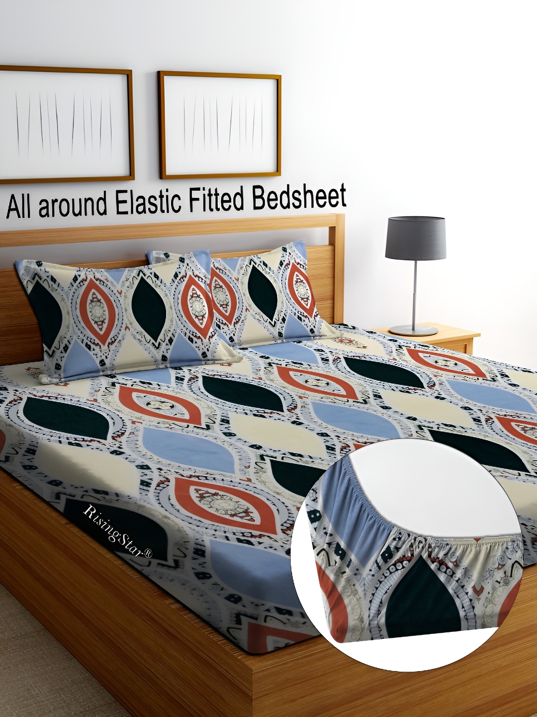 

RISING STAR Blue & White Ethnic Motifs Fitted 350 TC King Bedsheet With 2 Pillow Covers