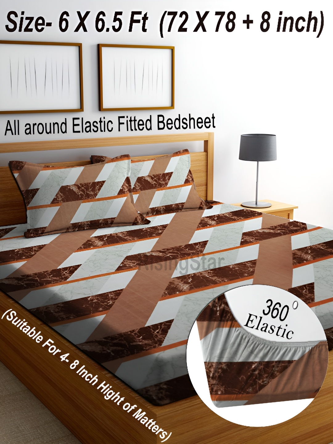 

RISING STAR Brown & White Striped 250 TC King Fitted Bedsheet with 2 Pillow Covers