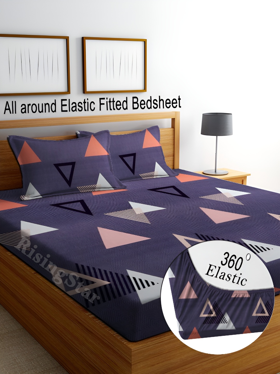 

RISING STAR Grey Geometric Cotton 260 TC Fitted King Bedsheet With 2 Pillow Covers