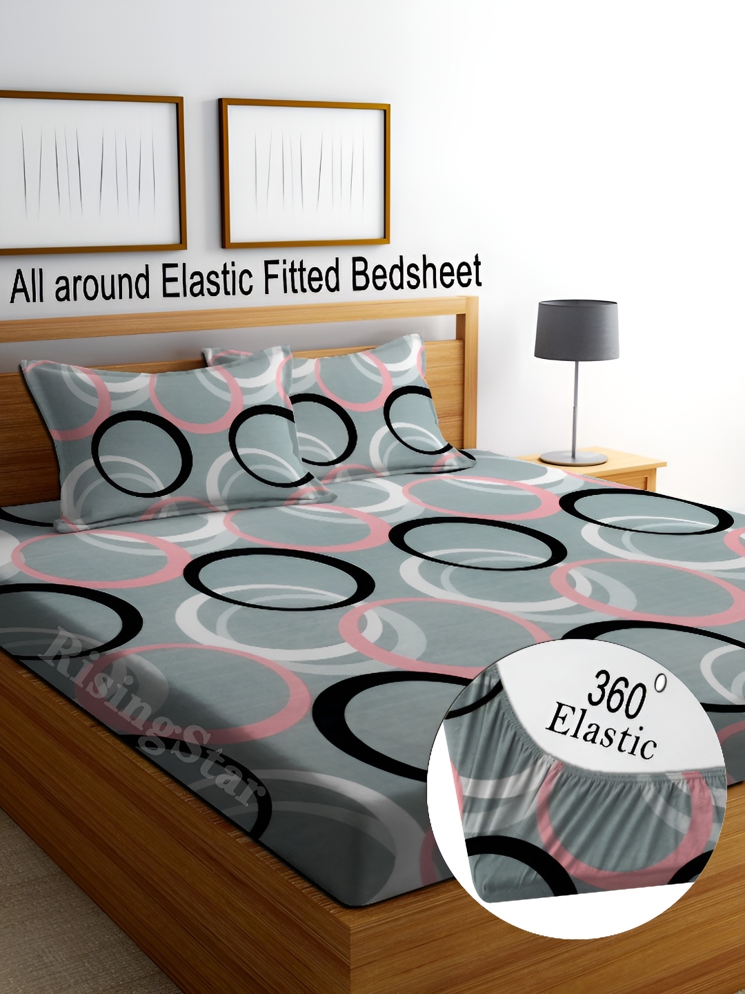 

RISING STAR Grey & Pink Geometric Cotton 250 TC Fitted King Bedsheet With 2 Pillow Covers