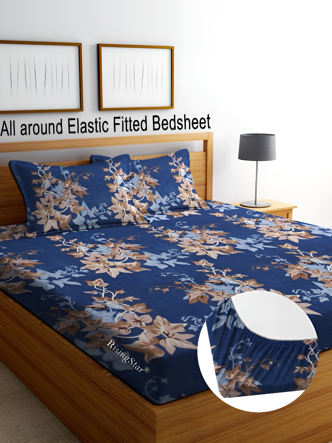 

RISING STAR Blue & Brown Floral 250 TC Fitted King Bedsheet with 2 Pillow Covers