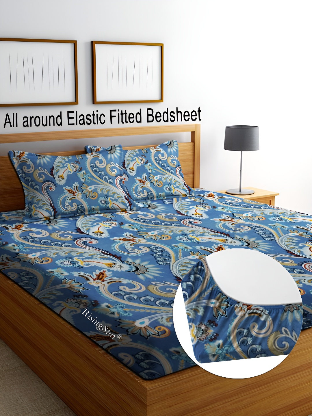 

RISING STAR Blue & White Ethnic Motifs 250 TC King Fitted Bedsheet with 2 Pillow Covers