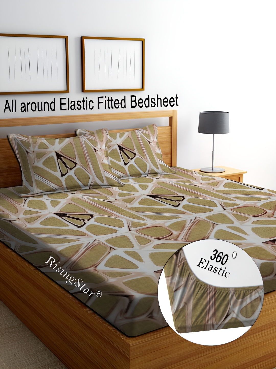 

RISING STAR Brown & White Printed Fitted 250 TC King Bedsheet With 2 Pillow Covers