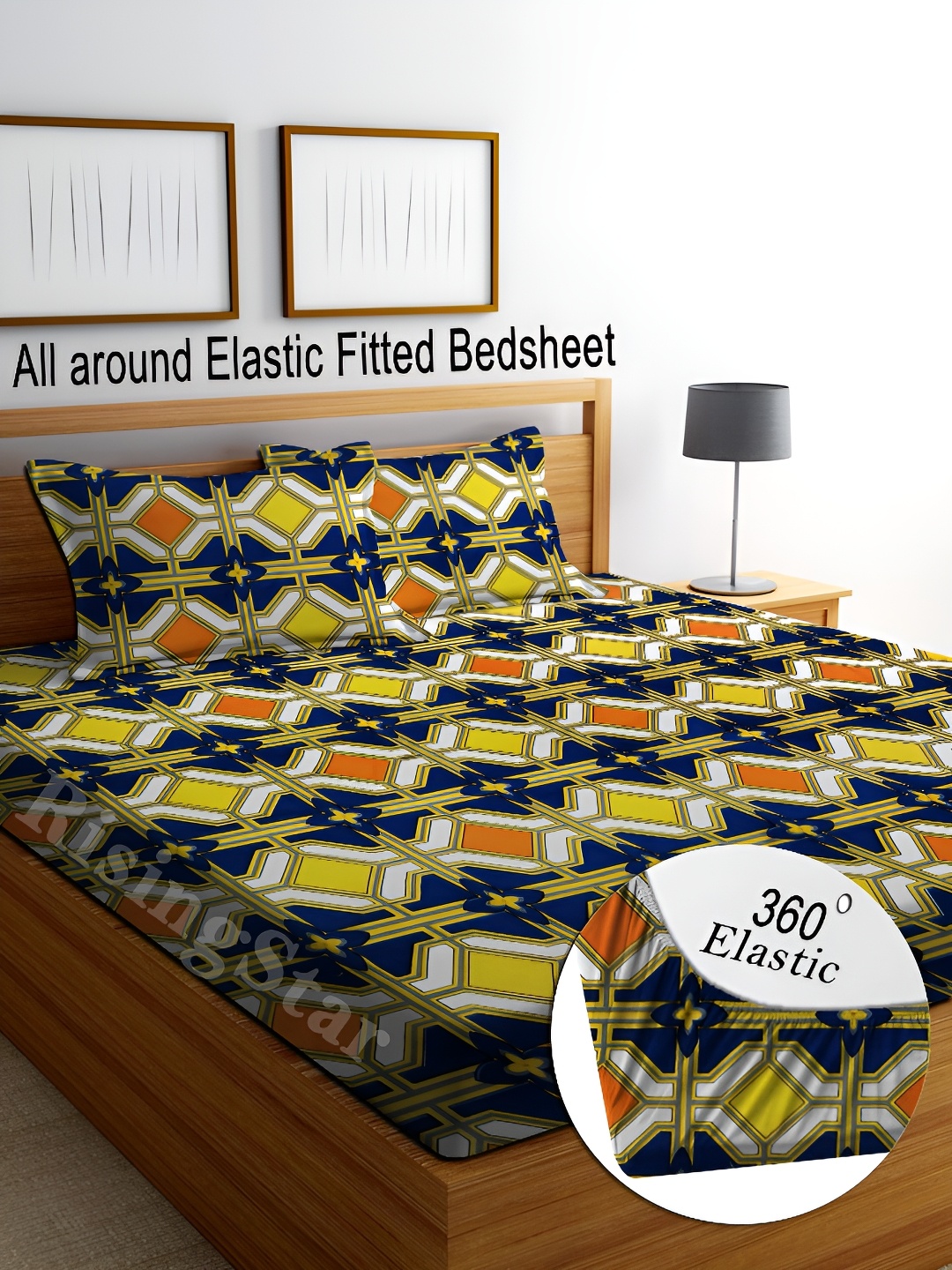 

RISING STAR Navy Blue & Yellow Geometric 250 TC Fitted King Bedsheet with 2 Pillow Covers