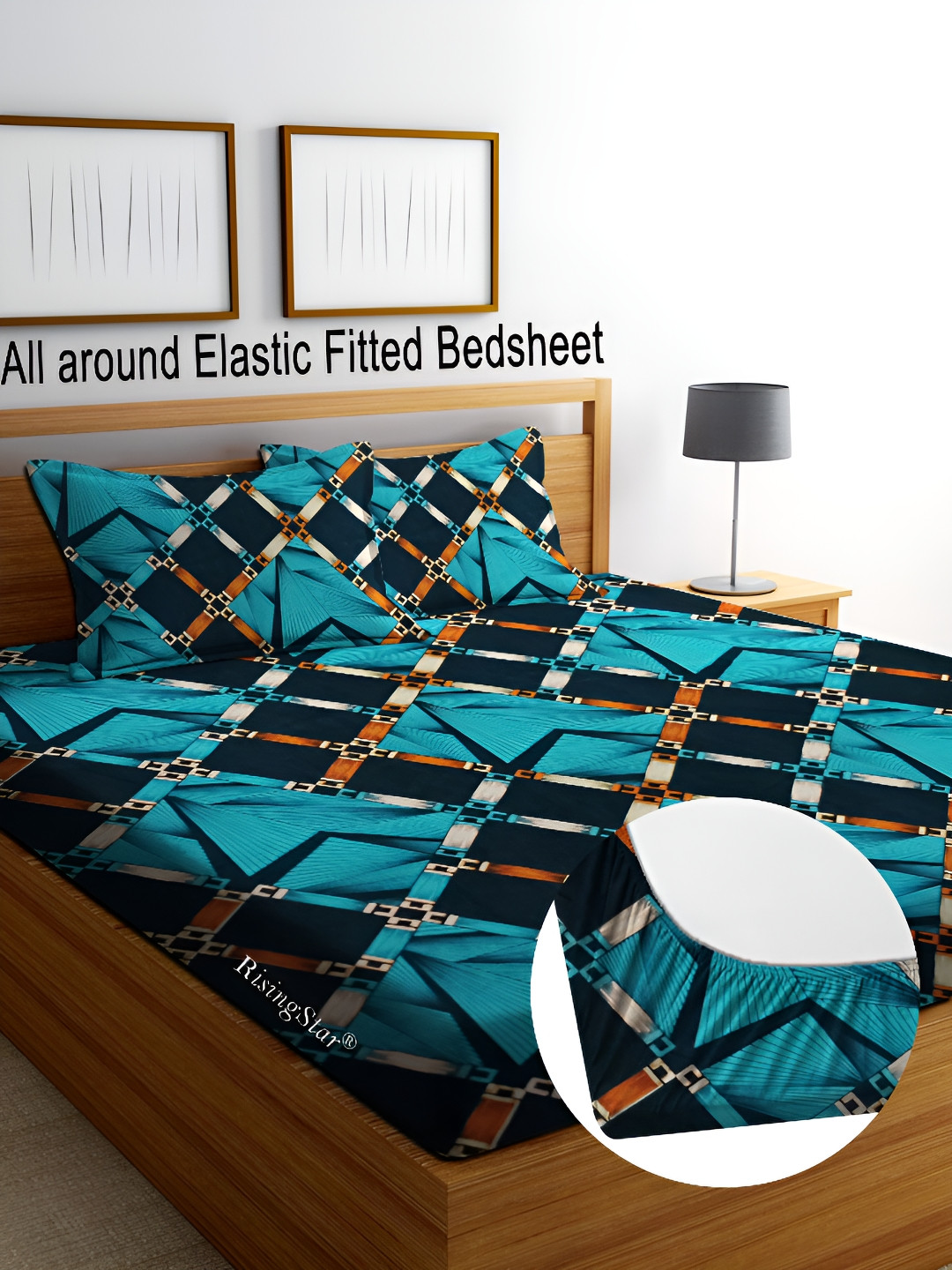 

RISING STAR Blue Ethnic Motifs Cotton 350 TC Fitted King Bedsheet With 2 Pillow Covers