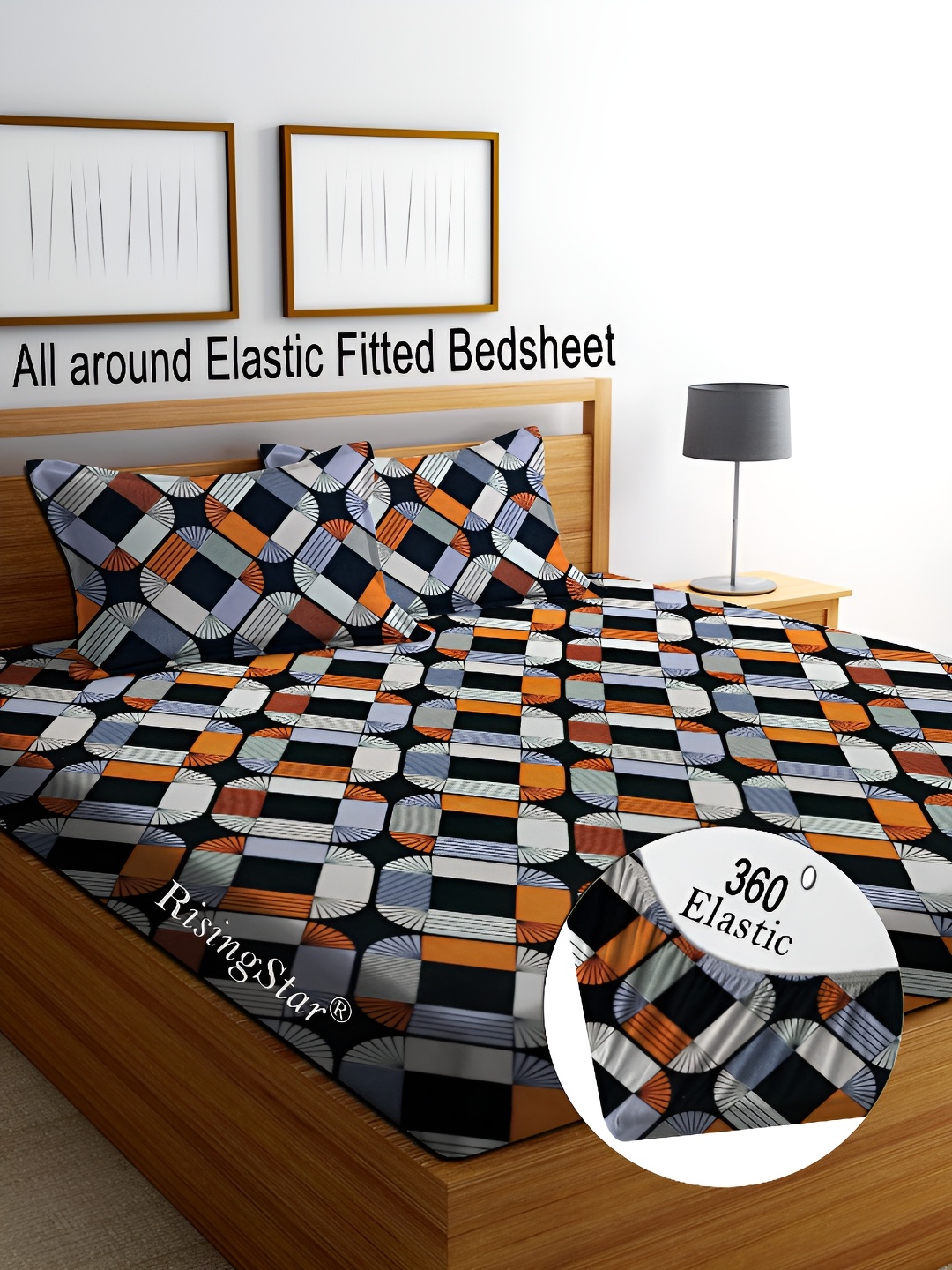 

RISING STAR Blue & Orange Geometric 250 TC King Fitted Bedsheet with 2 Pillow Covers