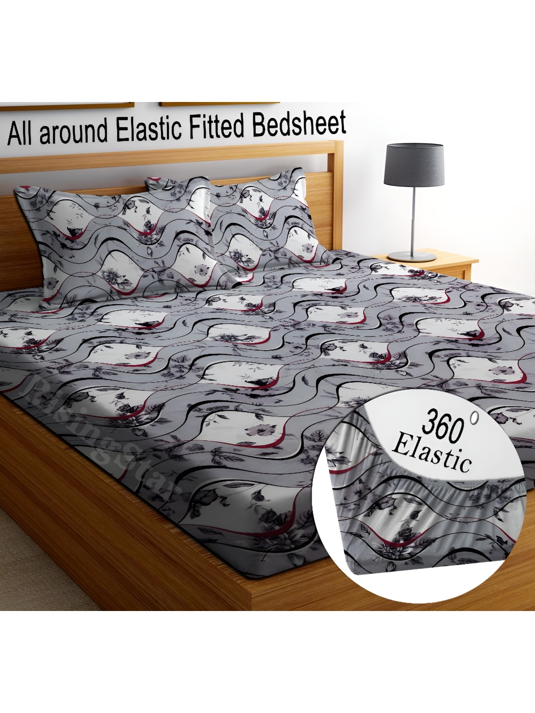 

RISING STAR Grey & White Ethnic Motifs 250 TC Fitted King Bedsheet with 2 Pillow Covers