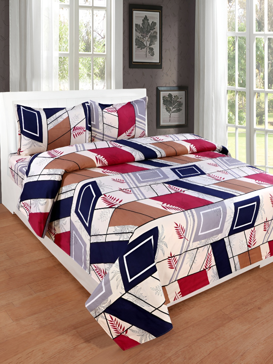 

RISING STAR White & Blue Ethnic Motifs 200 TC King Bedsheet with 2 Pillow Covers