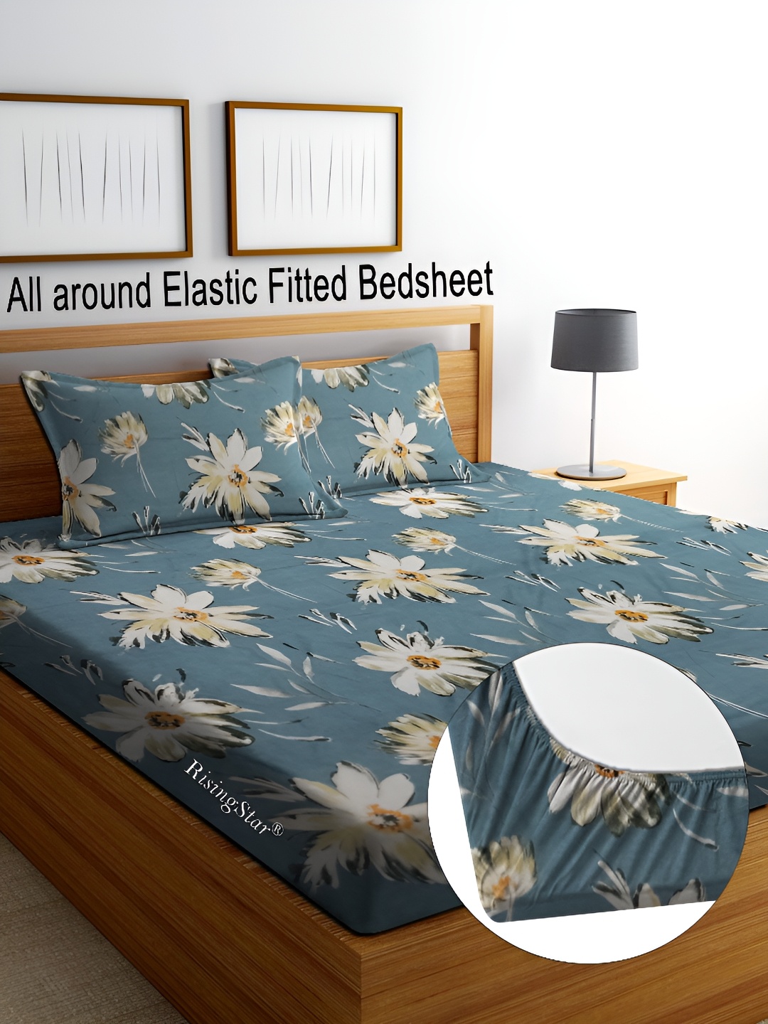 

RISING STAR Teal & White Floral 350 TC Fitted King Bedsheet with 2 Pillow Covers