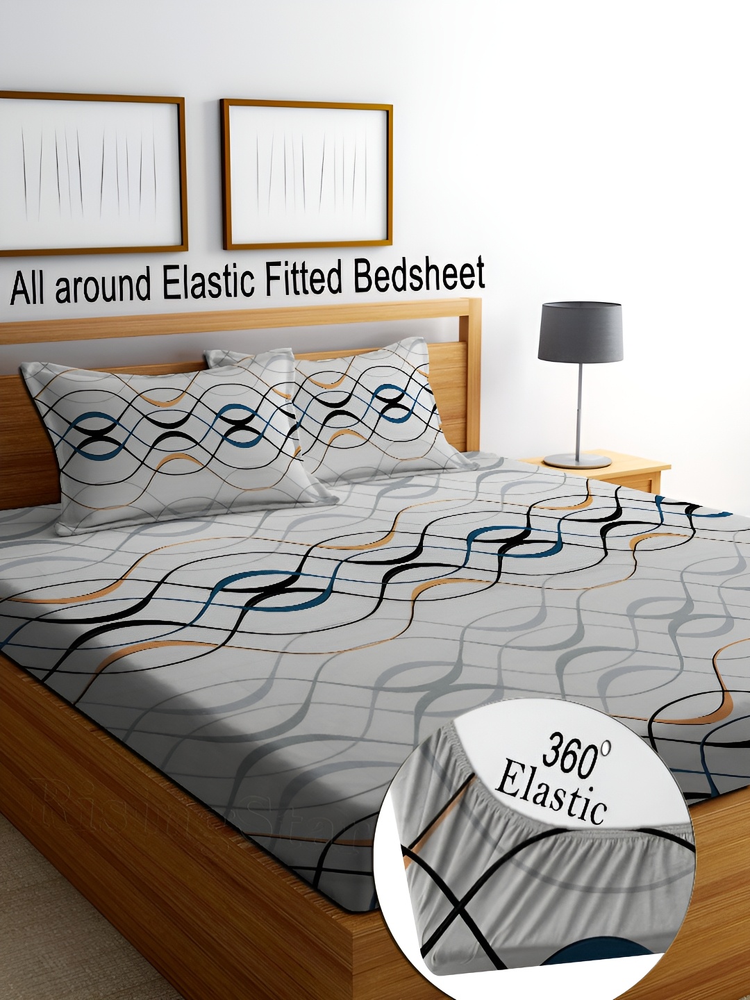 

RISING STAR Grey & Black 250 TC King Fitted Bedsheet with 2 Pillow Covers