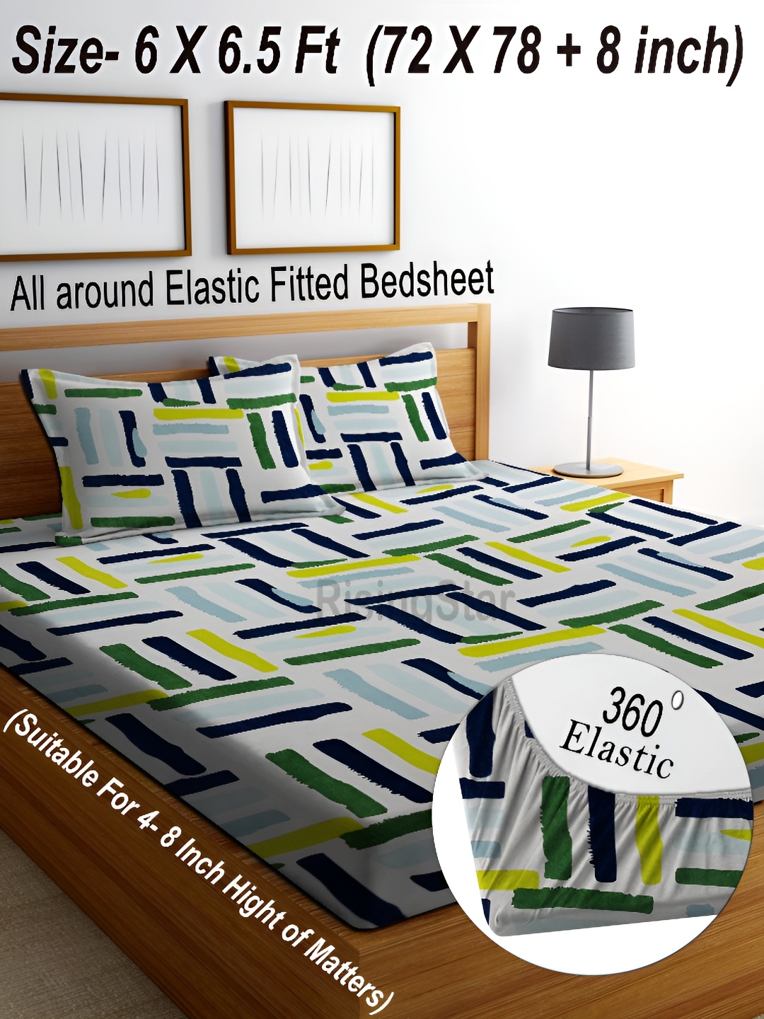 

RISING STAR White Geometric Cotton 250 TC Fitted King Bedsheet With 2 Pillow Covers
