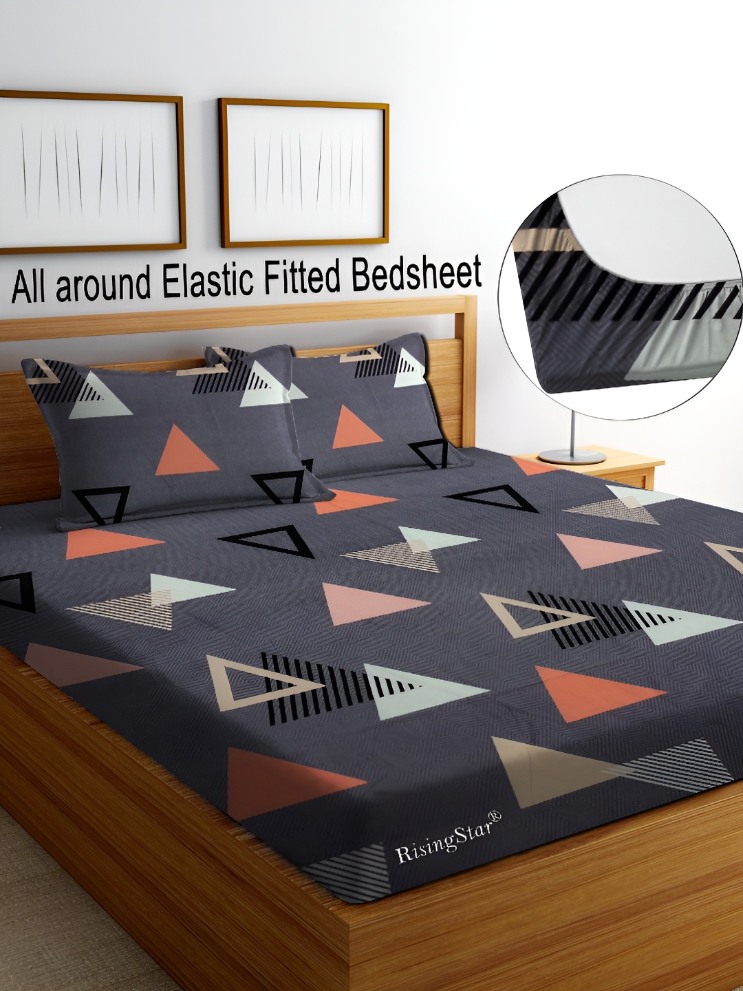 

RISING STAR Grey & Black Geometric Cotton 250 TC Fitted King Bedsheet With 2 Pillow Covers